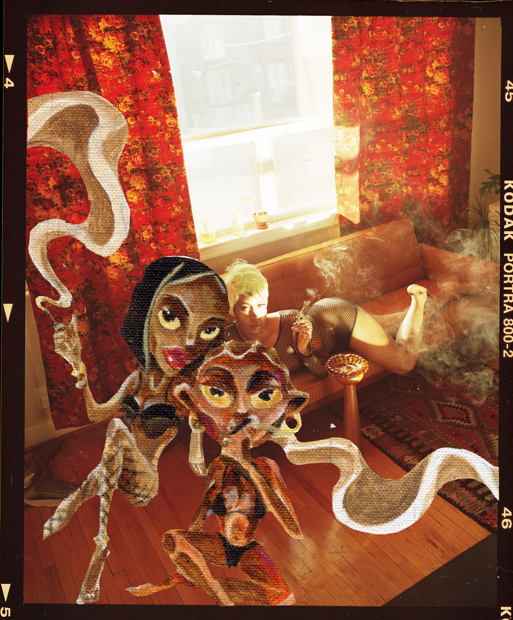 A Black woman (artist Kadine Lindsay) lays on a couch smoking a joint as bright, golden afternoon pours in through the window behind her. Sitting on the ground beside her are two painted women, also smoking.