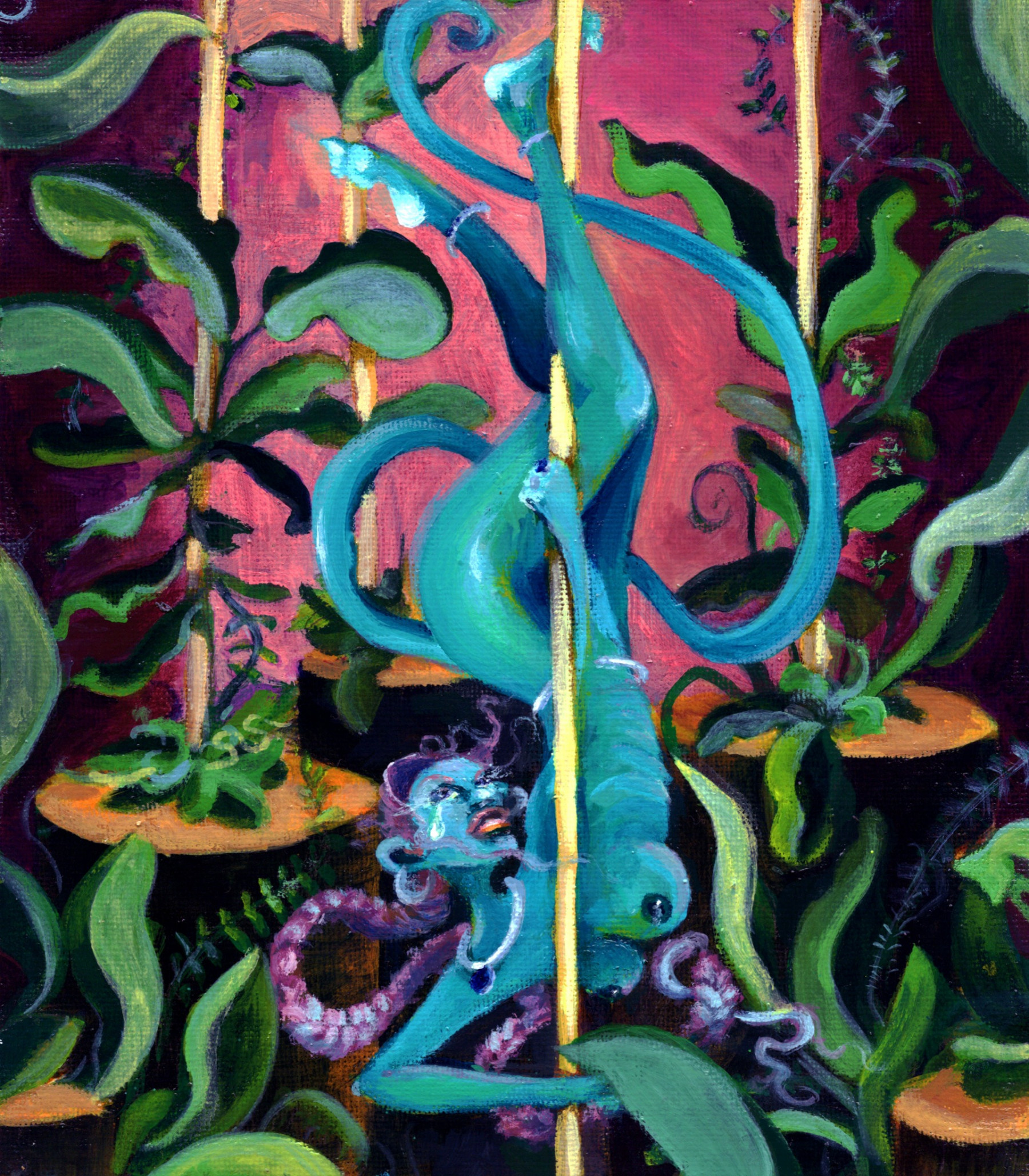 The painting depicts a blue woman, upside down, dancing around a stripper pole and being held up by her legs as she looks upwards, surrounded by greenery growing up other poles in the background of the image.