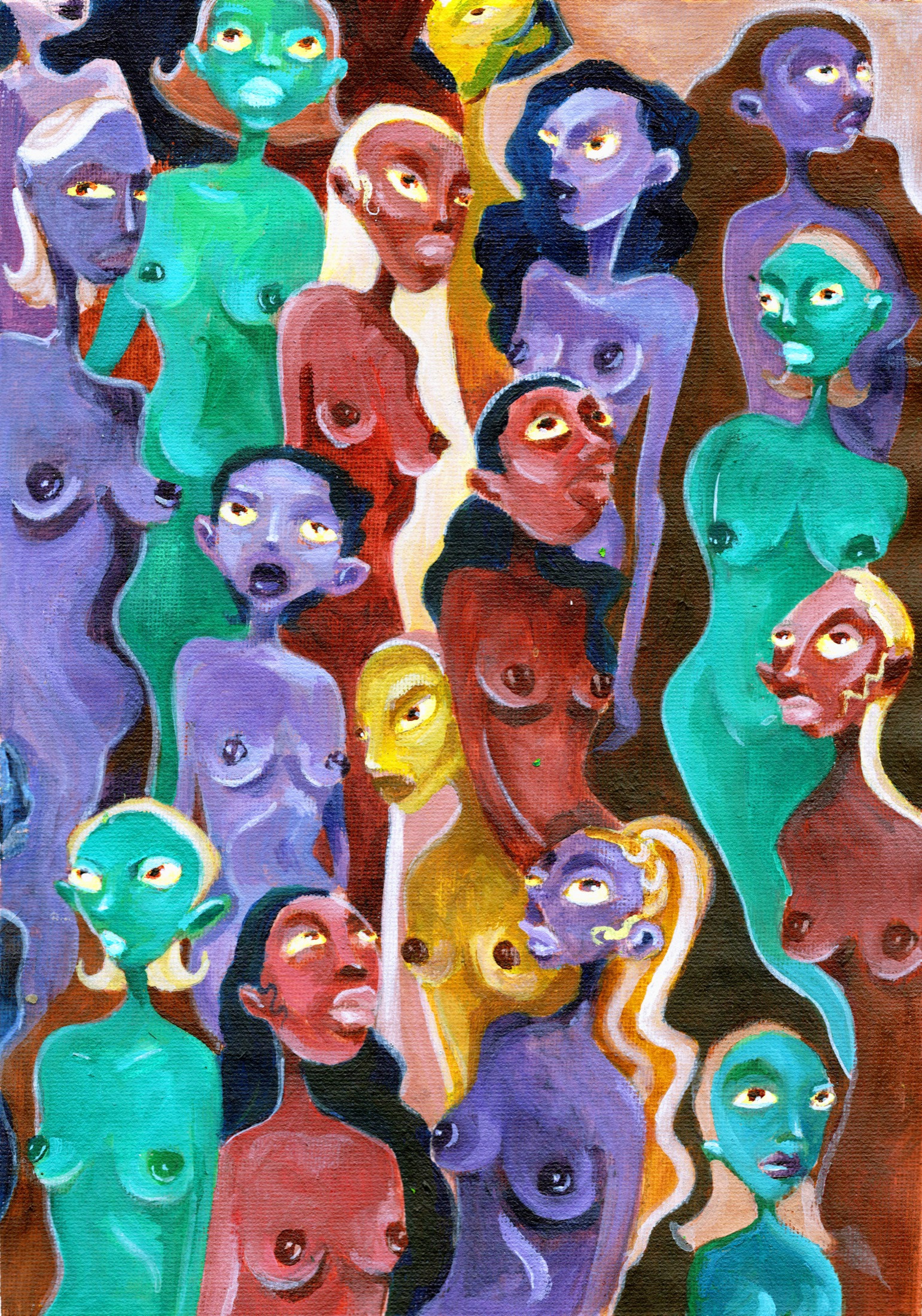 The image shows a repeating pattern of nude women of a variety of colours (burgundy, teal, purple, yellow) overlapping and looking directly at the viewer.